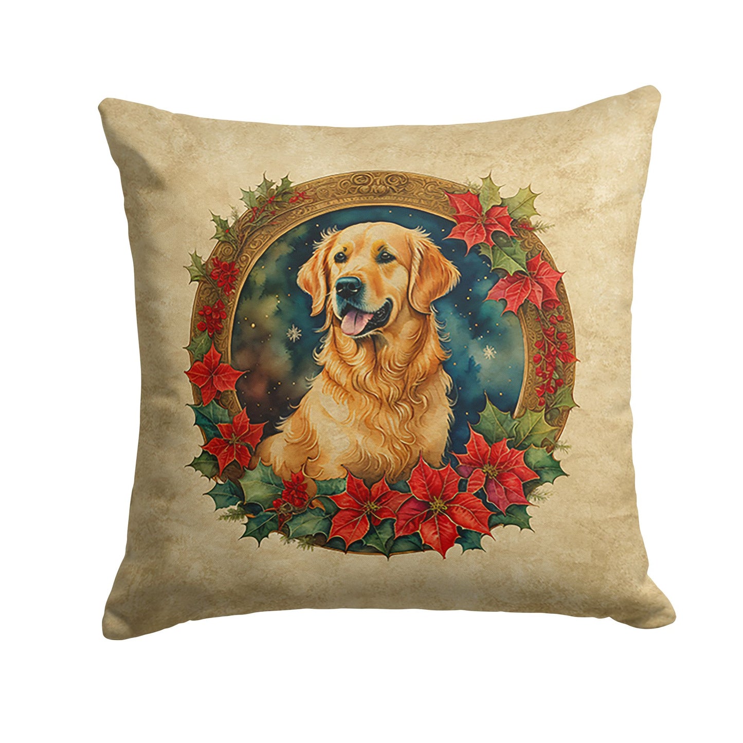 Golden Retriever Christmas Flowers Throw Pillow Machine Washable, Indoor Outdoor Decorative Pillow for Couch, Bed or Patio, 14Hx14W
