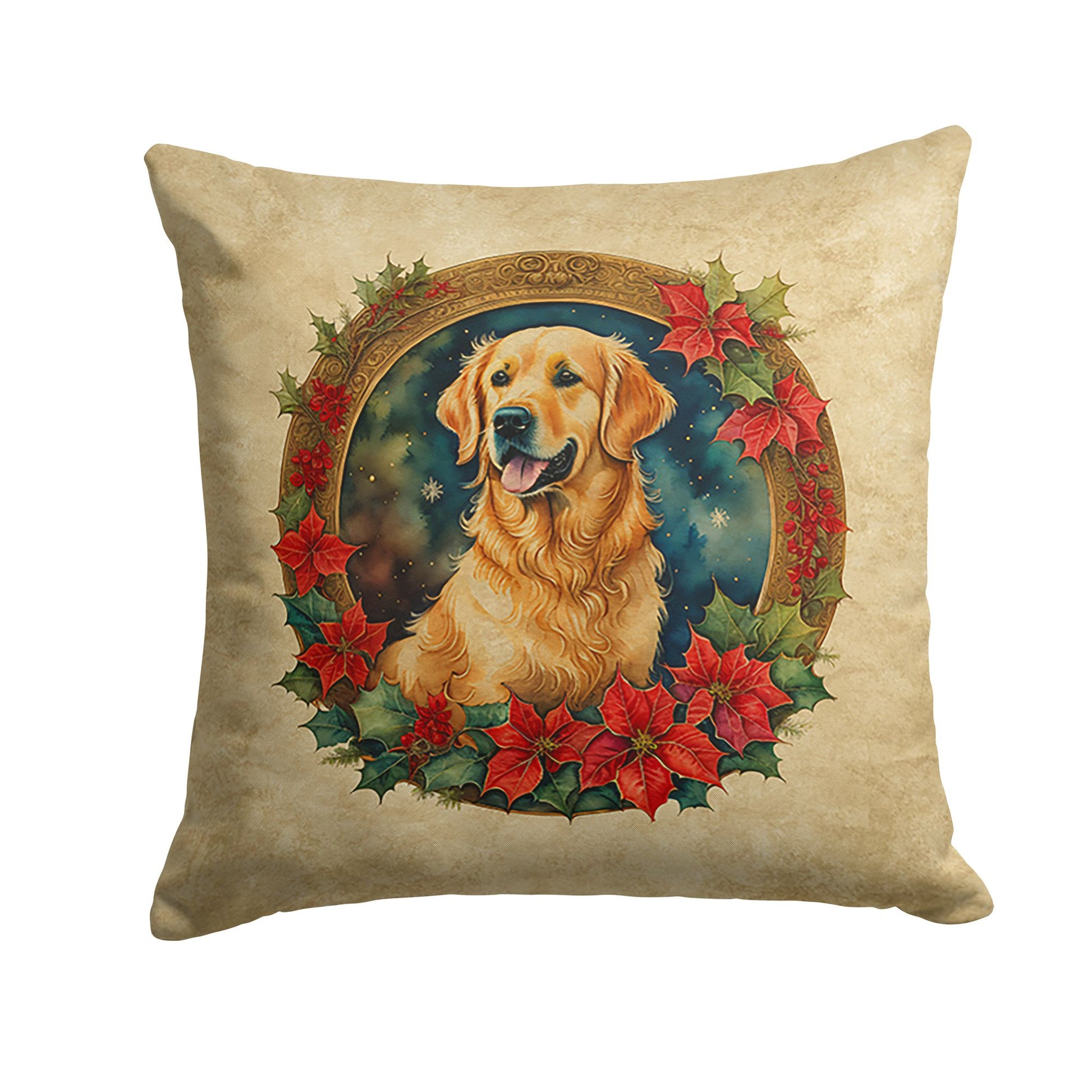 Golden Retriever Christmas Flowers Throw Pillow Machine Washable, Indoor Outdoor Decorative Pillow for Couch, Bed or Patio, 14Hx14W