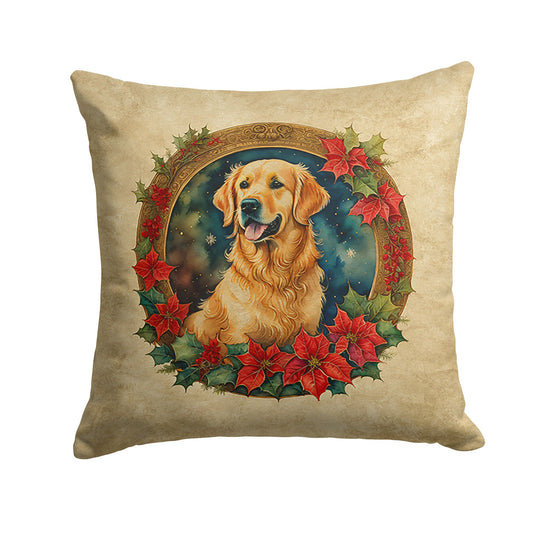 Golden Retriever Christmas Flowers Throw Pillow Machine Washable, Indoor Outdoor Decorative Pillow for Couch, Bed or Patio, 14Hx14W