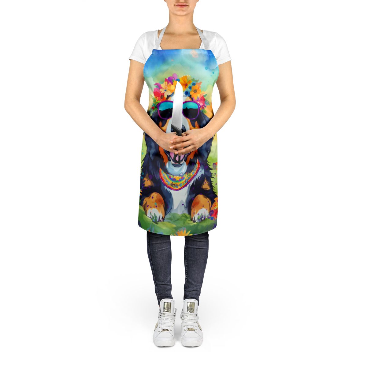 Bernese Mountain Dog Hippie Dawg Apron Cooking Kitchen Server Baking Crafts Gardening for Adult Women Men, Unisex, Large, Multicolor