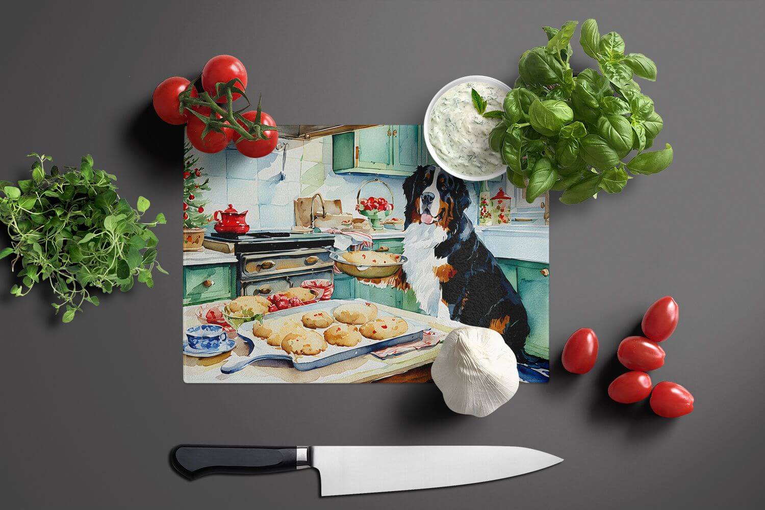 NEW Bernese Mountain Dog Christmas Cookies Glass Cutting Board Decorative Tempered Glass Kitchen Cutting and Serving Board Large Size Chopping Board