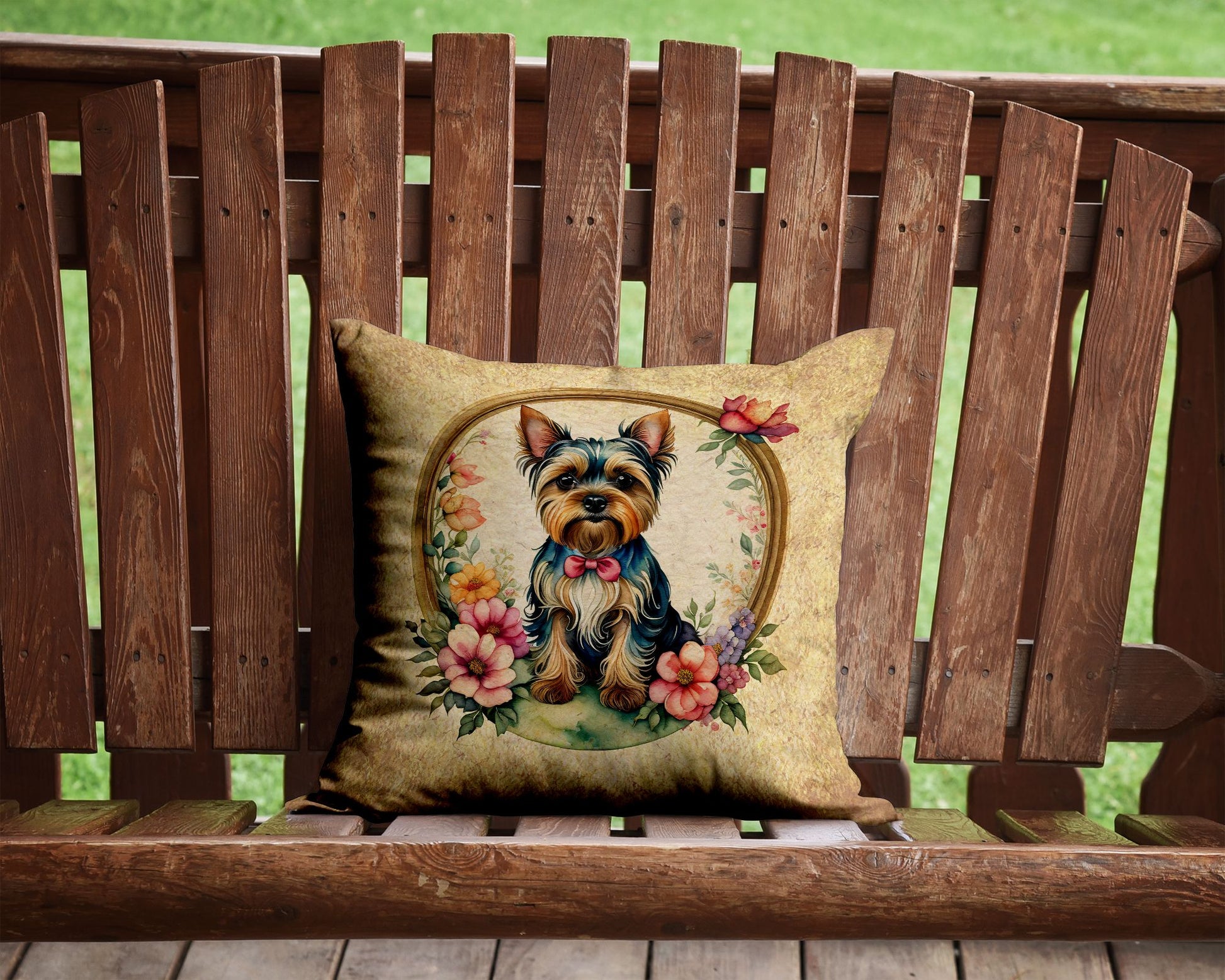 Yorkshire Terrier and Flowers Throw Pillow Machine Washable, Indoor Outdoor Decorative Pillow for Couch, Bed or Patio, 14Hx14W