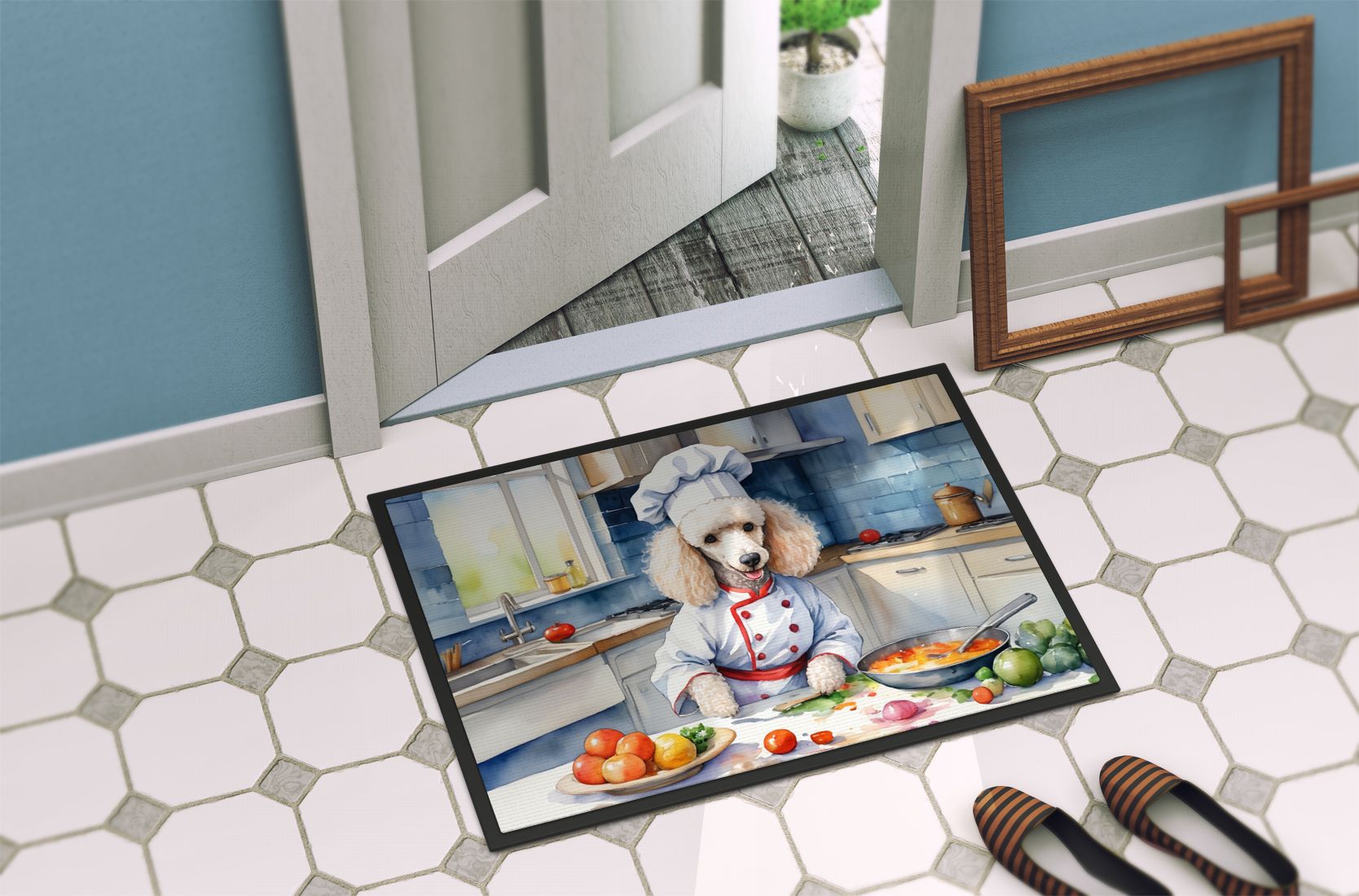 NEW White Poodle The Chef Doormat Front Door Mat Indoor Outdoor Rugs for Entryway, Non Slip Washable Low Pile, 18H X 27W