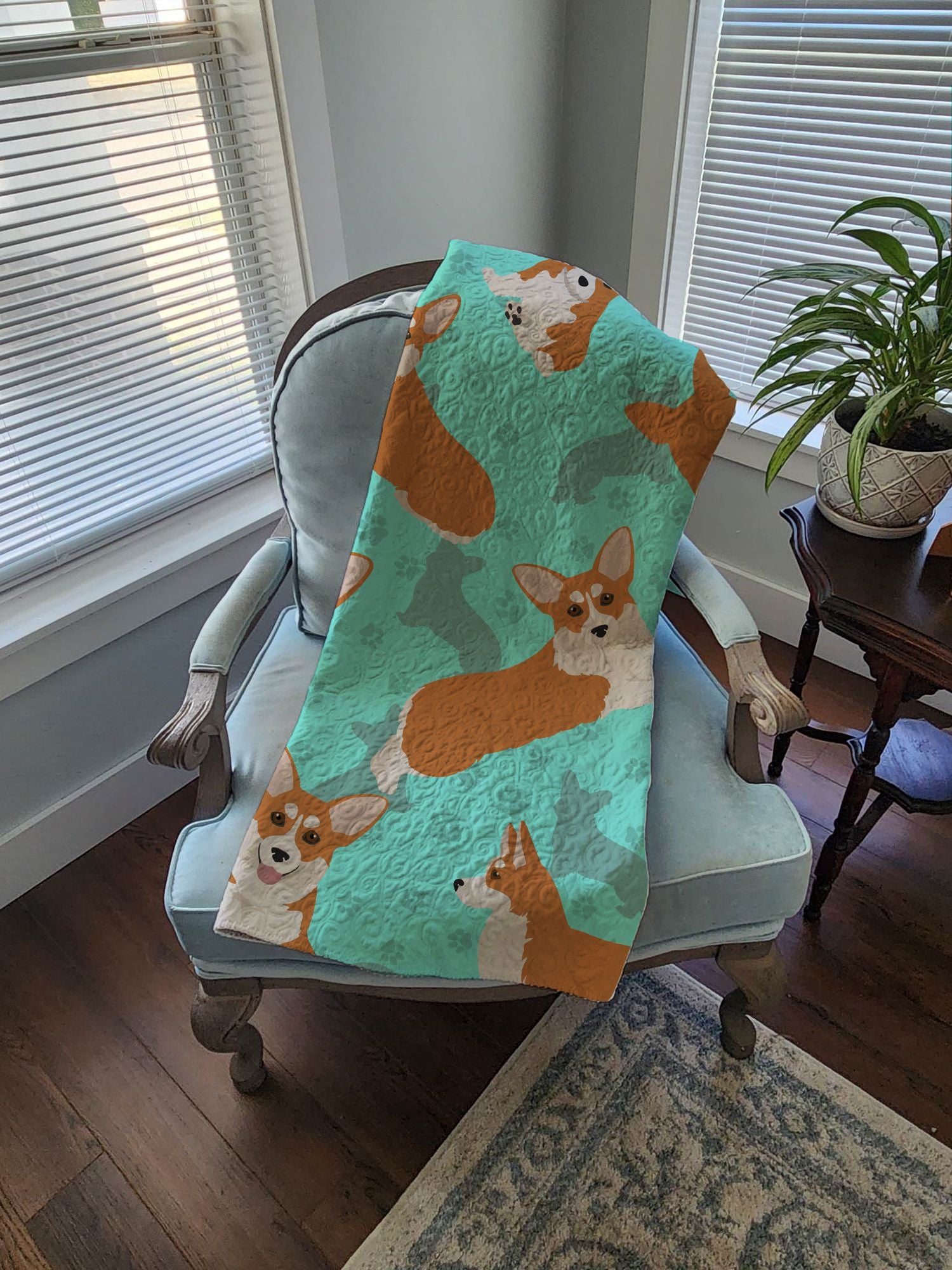 Red and White Pembroke Corgi Quilted Blanket 50x60 Artwork Pattern Quilted Throw Blanket for Bed, Couch, Sofa, Soft and Lightweight