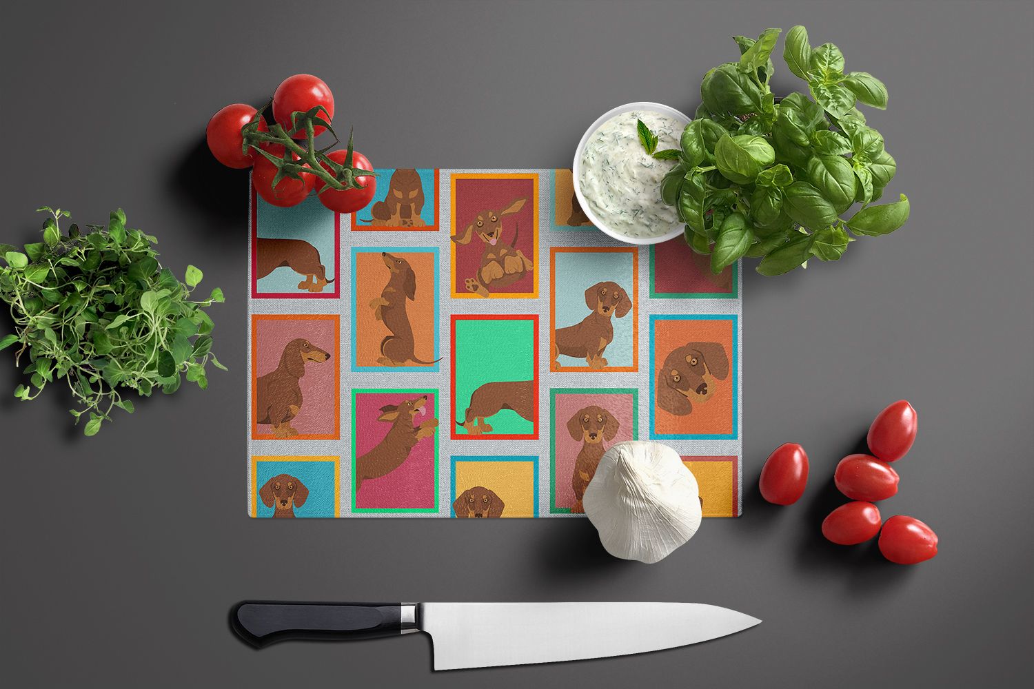 NEW Lots of Chocolate and Tan Dachshund Glass Cutting Board Decorative Tempered Glass Kitchen Cutting and Serving Board Large Size Chopping Board