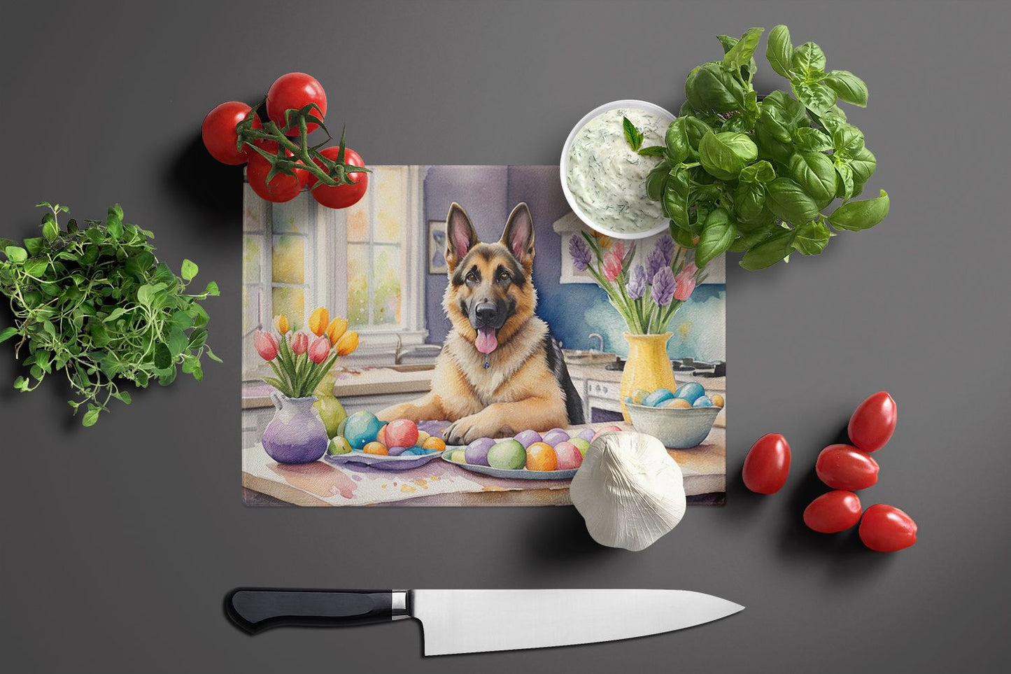 NEW Decorating Easter German Shepherd Glass Cutting Board Decorative Tempered Glass Kitchen Cutting and Serving Board Large Size Chopping Board