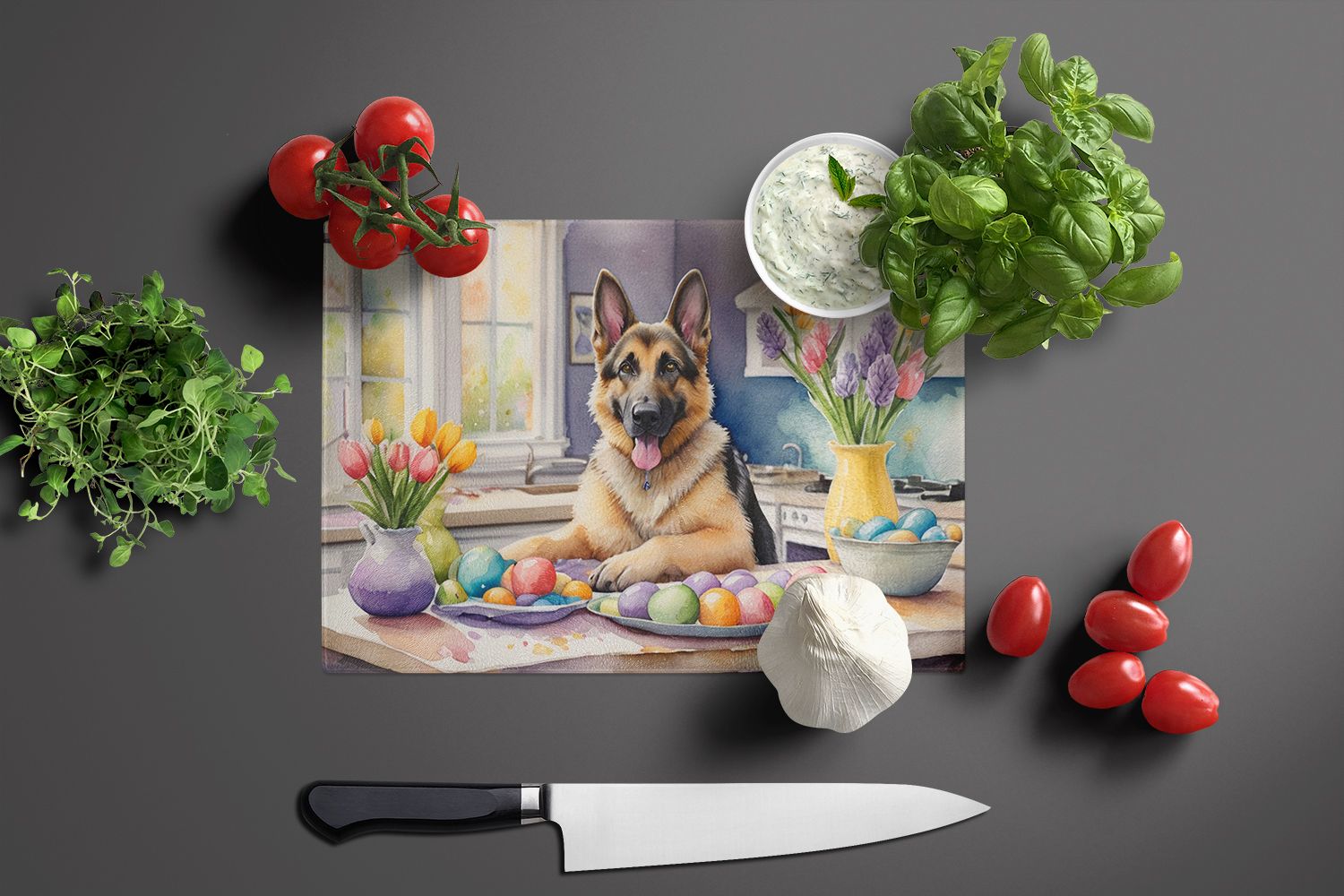NEW Decorating Easter German Shepherd Glass Cutting Board Decorative Tempered Glass Kitchen Cutting and Serving Board Large Size Chopping Board
