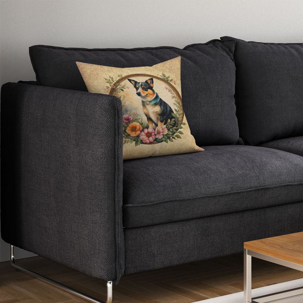 Lancashire Heeler and Flowers Throw Pillow Machine Washable, Indoor Outdoor Decorative Pillow for Couch, Bed or Patio, 14Hx14W
