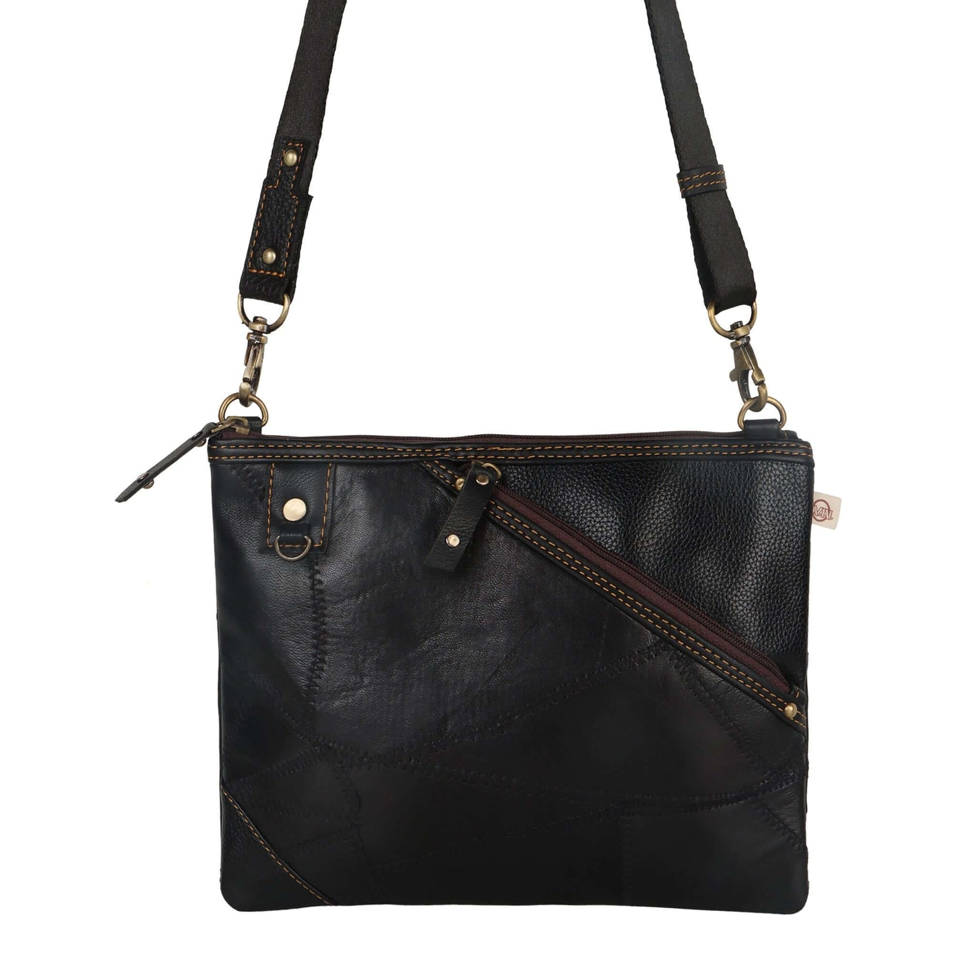 Grayson Wide Crossbody made with upcycled leather + premium vegan leather w/ stylish slanted Front Pocket