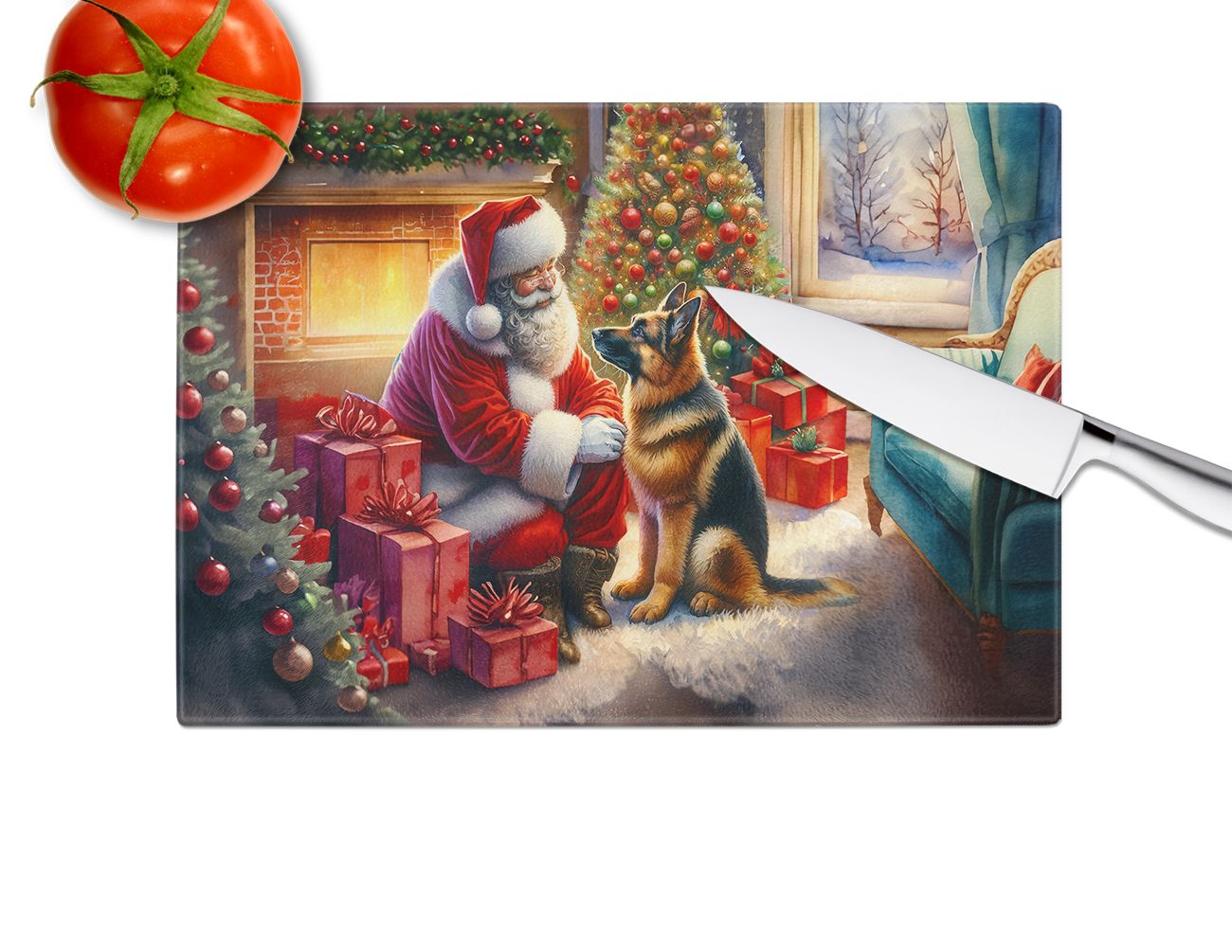 NEW German Shepherd and Santa Claus Glass Cutting Board Decorative Tempered Glass Kitchen Cutting and Serving Board Large Size Chopping Board