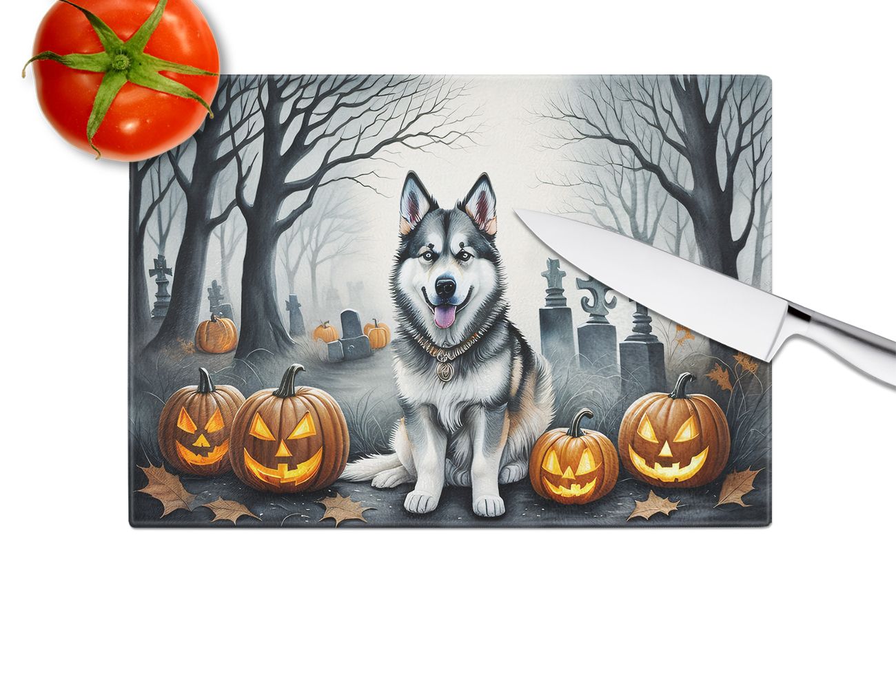 NEW Alaskan Malamute Spooky Halloween Glass Cutting Board Decorative Tempered Glass Kitchen Cutting and Serving Board Large Size Chopping Board