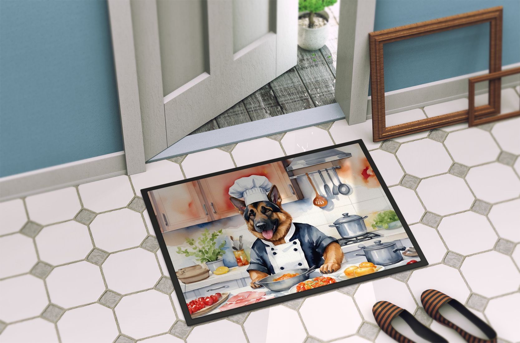 German Shepherd The Chef Doormat Front Door Mat Indoor Outdoor Rugs for Entryway, Non Slip Washable Low Pile, 24H X 36W