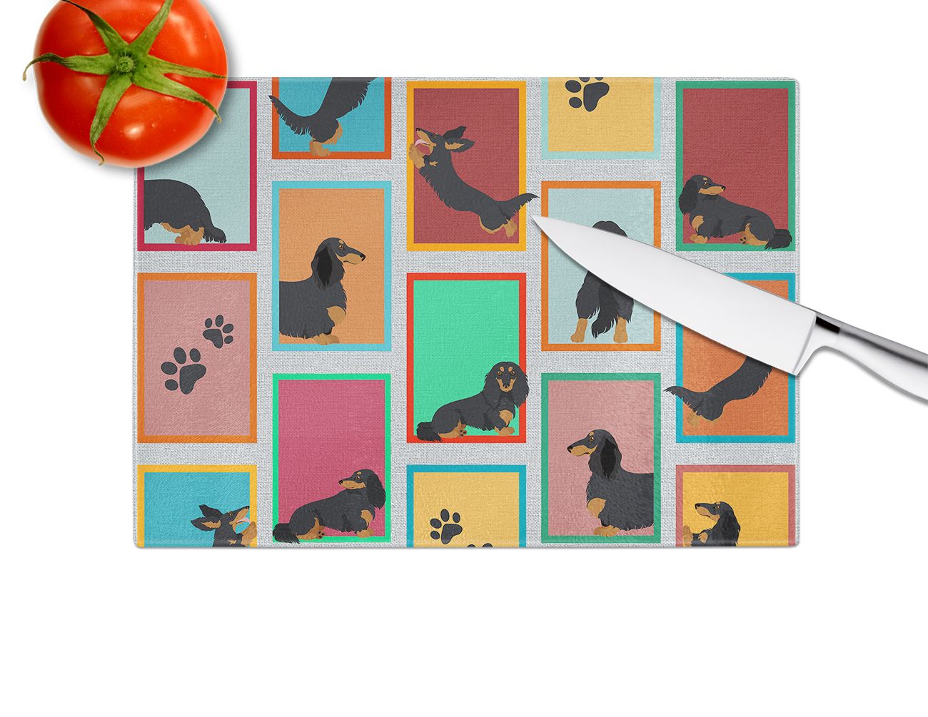 NEW Lots of Longhaired Black Tan Dachshund Glass Cutting Board Decorative Tempered Glass Kitchen Cutting and Serving Board Large Size Chopping Board