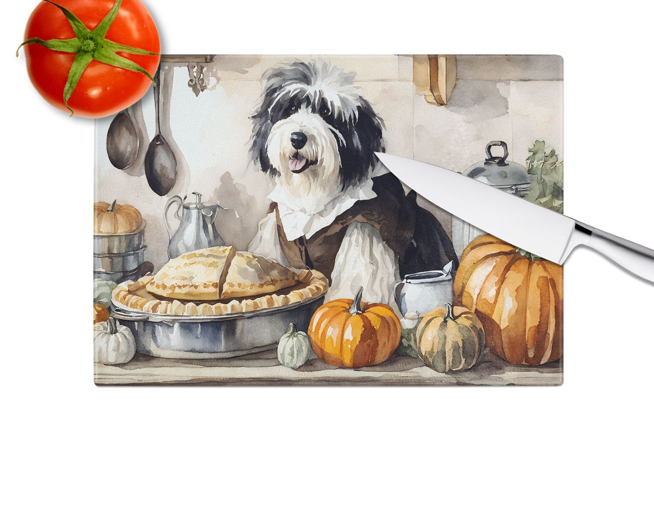 NEW Old English Sheepdog Fall Kitchen Pumpkins Glass Cutting Board Decorative Tempered Glass Kitchen Cutting and Serving Board Large Size Chopping Board