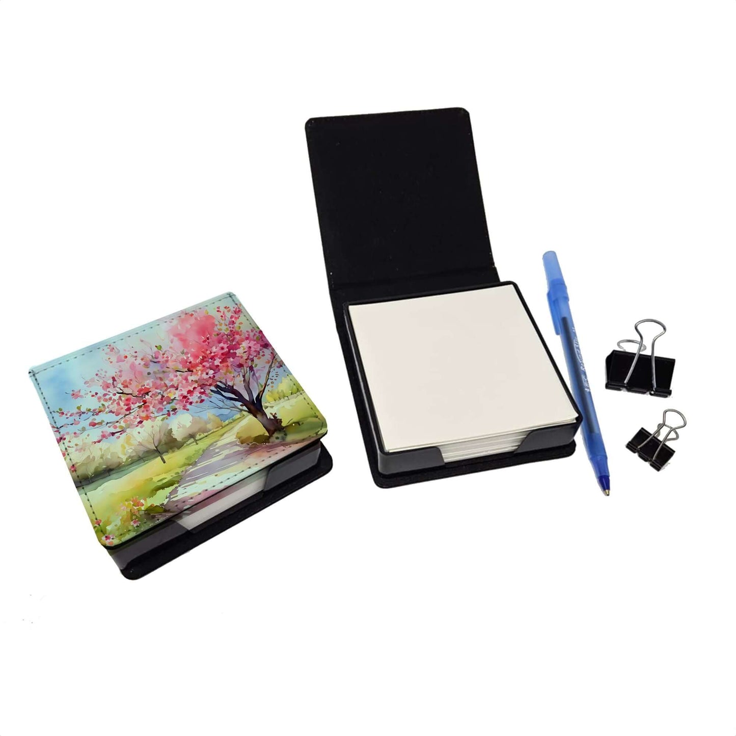Michigan Apple Blossoms in Watercolor PU Leather Note Paper Holder with Artist-Designed Cover, Desk Accessory, Office Gift