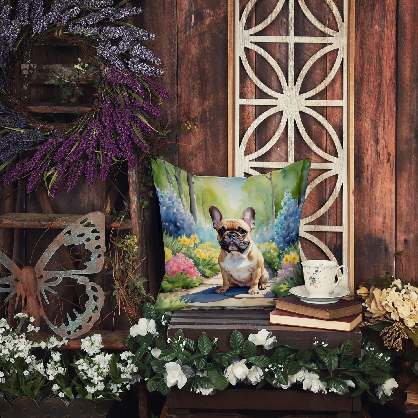 French Bulldog Spring Path Throw Pillow Machine Washable, Indoor Outdoor Decorative Pillow for Couch, Bed or Patio, 18Hx18W