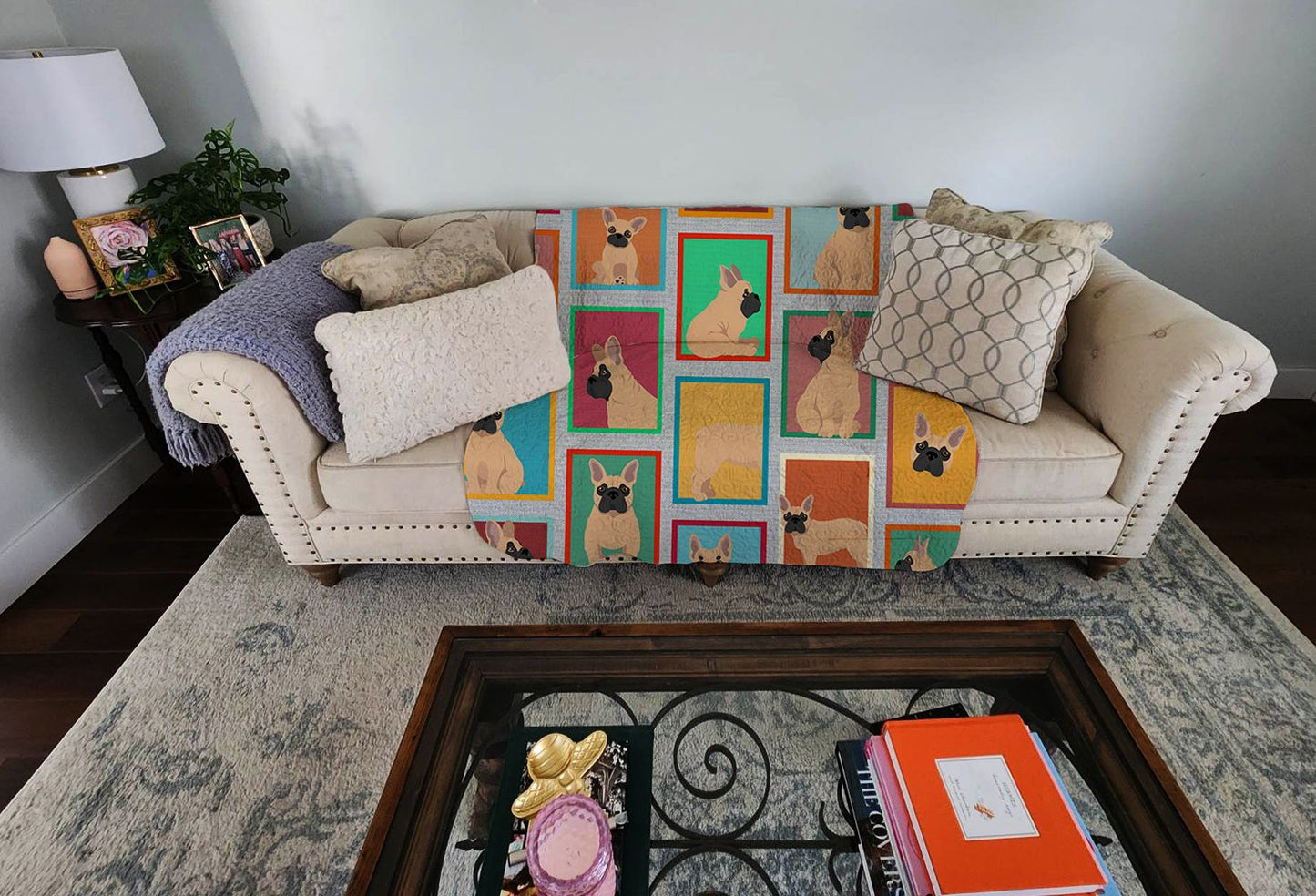 Lots of Fawn French Bulldog Quilted Blanket 50x60 Artwork Pattern Quilted Throw Blanket for Bed, Couch, Sofa, Soft and Lightweight