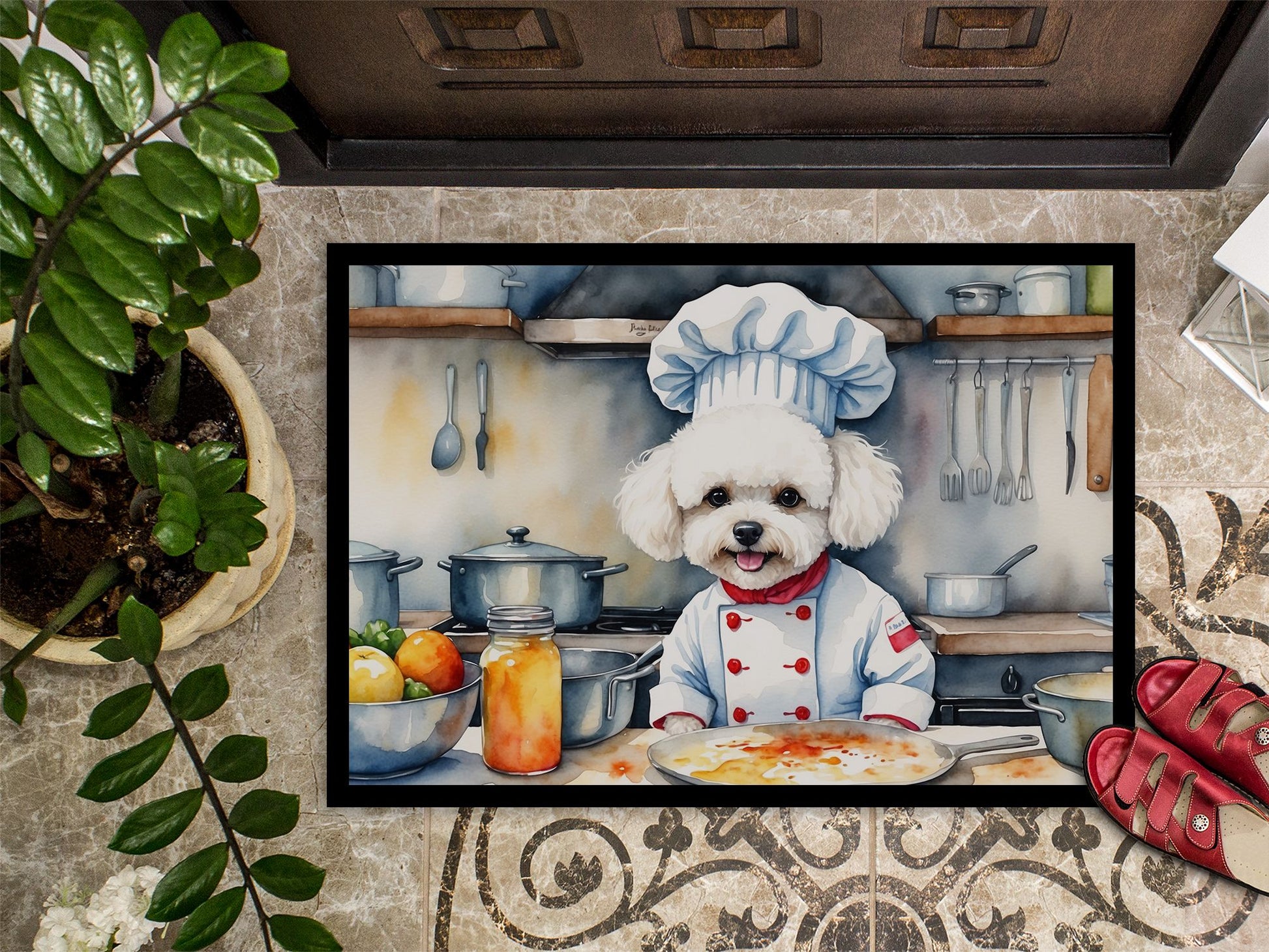 Bichon Frise The Chef Doormat Front Door Mat Indoor Outdoor Rugs for Entryway, Non Slip Washable Low Pile, 24H X 36W