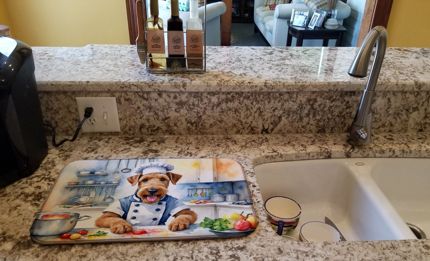 Airedale Terrier The Chef Dish Drying Mat Absorbent Dish Drying Mat Pad for Kitchen Counter Dish Drainer Mat for Countertop, 14 x 21", Multicolor