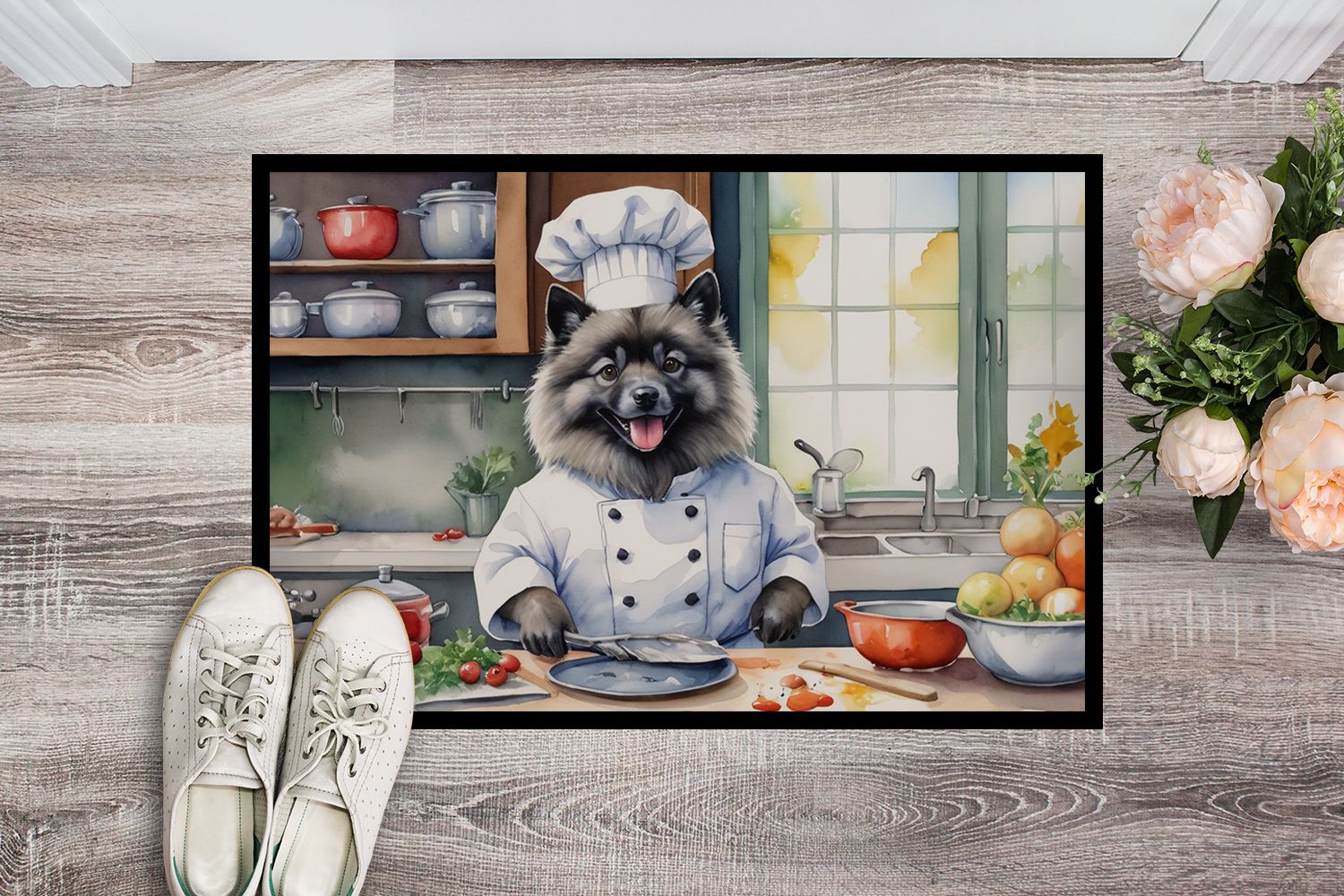 NEW Keeshond The Chef Doormat Front Door Mat Indoor Outdoor Rugs for Entryway, Non Slip Washable Low Pile, 18H X 27W