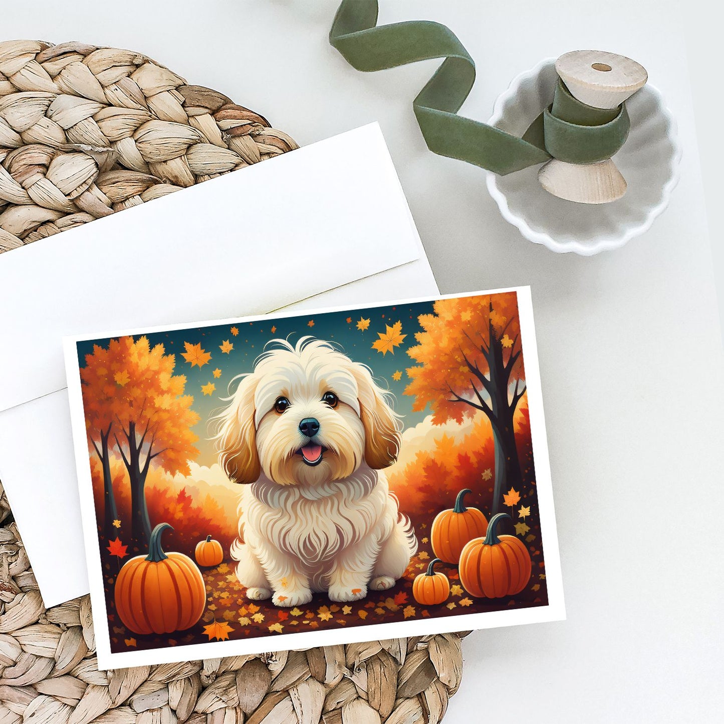 Coton De Tulear Fall Greeting Cards Pack of 8 Blank Cards with Envelopes Whimsical A7 Size 5x7 Blank Note Cards