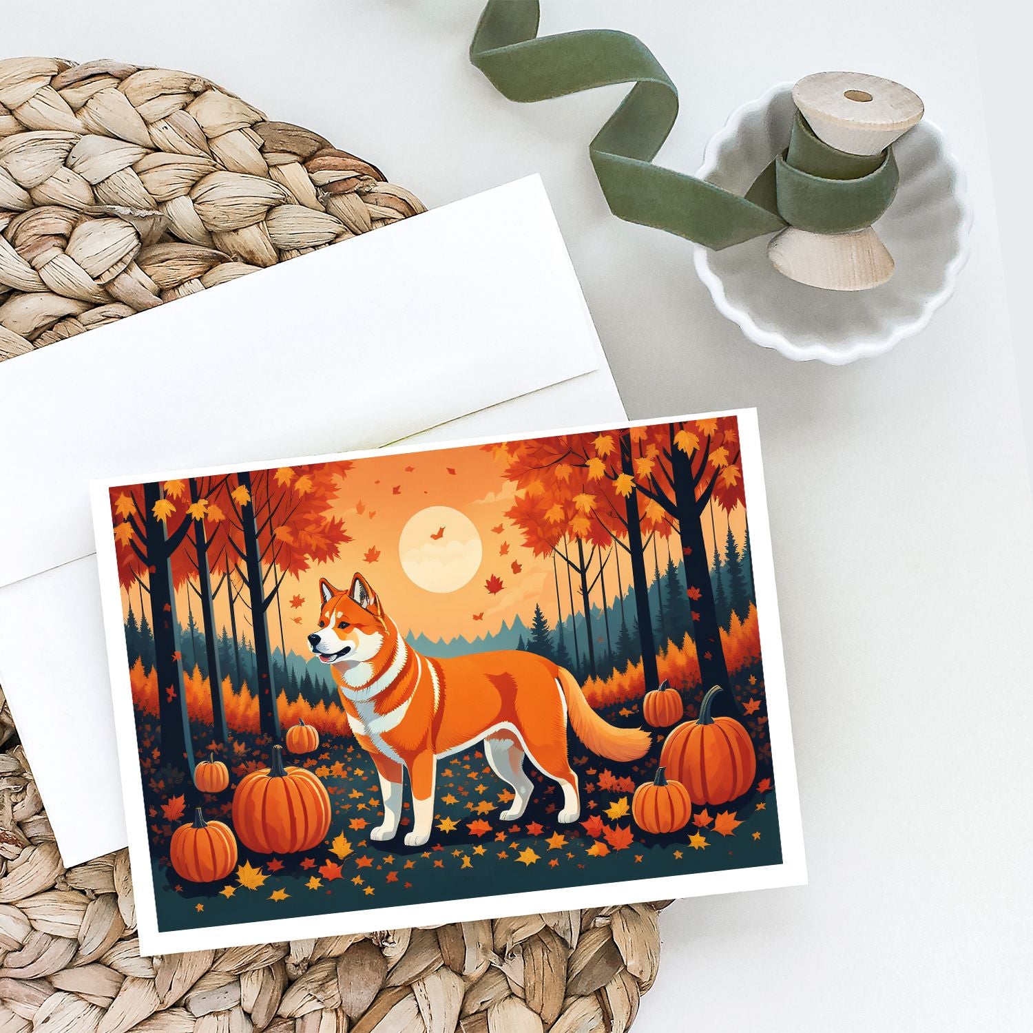 Akita Fall Greeting Cards Pack of 8 Blank Cards with Envelopes Whimsical A7 Size 5x7 Blank Note Cards