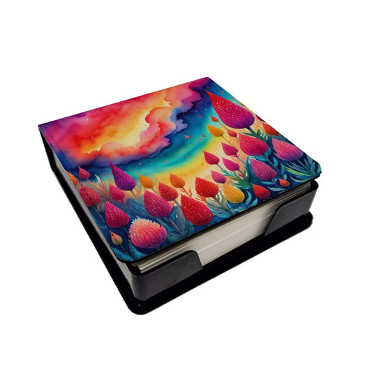 Colorful Celosia PU Leather Note Paper Holder with Artist-Designed Cover, Desk Accessory, Office Gift