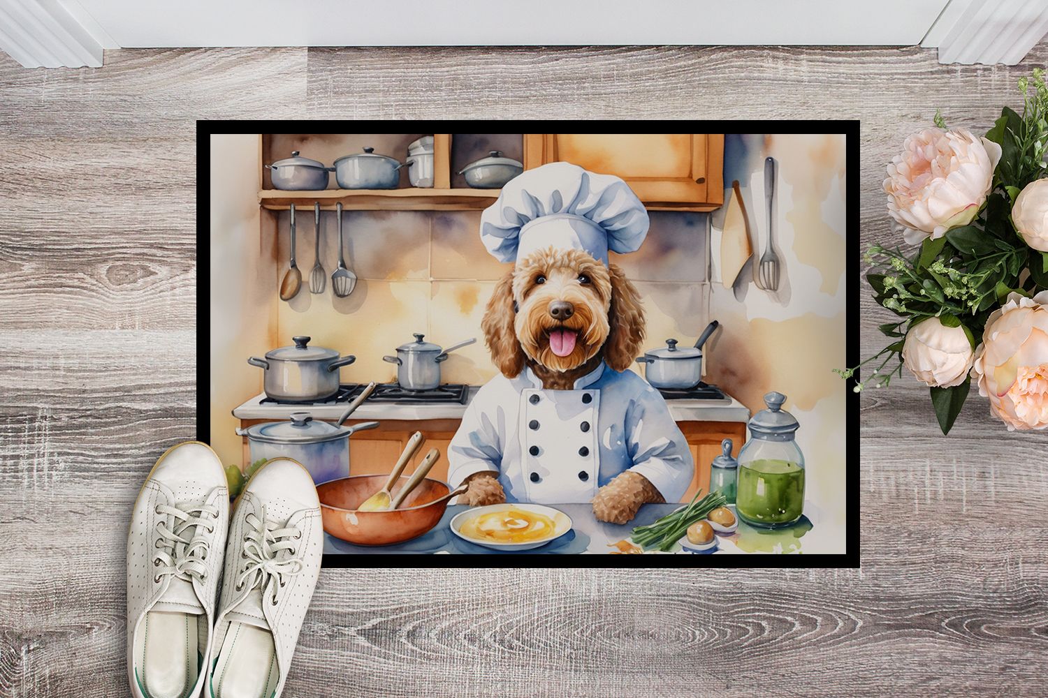 NEW Labradoodle The Chef Doormat Front Door Mat Indoor Outdoor Rugs for Entryway, Non Slip Washable Low Pile, 18H X 27W