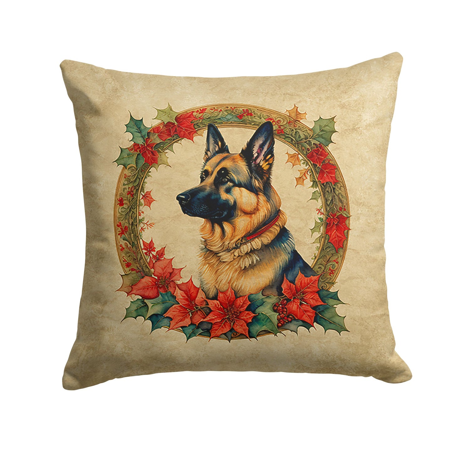 German Shepherd Christmas Flowers Throw Pillow Machine Washable, Indoor Outdoor Decorative Pillow for Couch, Bed or Patio, 14Hx14W