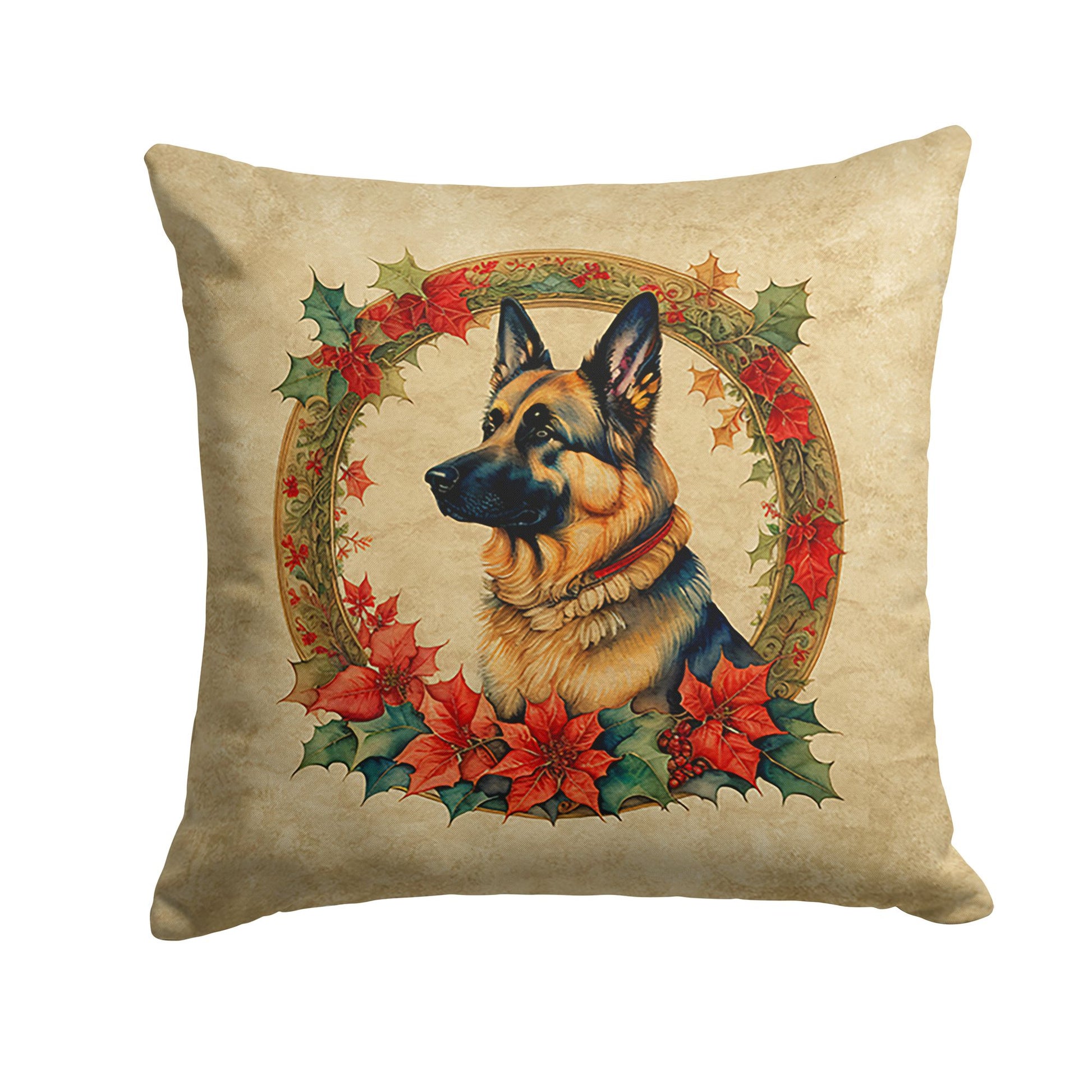 German Shepherd Christmas Flowers Throw Pillow Machine Washable, Indoor Outdoor Decorative Pillow for Couch, Bed or Patio, 14Hx14W