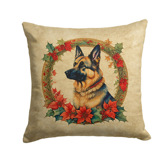 German Shepherd Christmas Flowers Throw Pillow Machine Washable, Indoor Outdoor Decorative Pillow for Couch, Bed or Patio, 14Hx14W