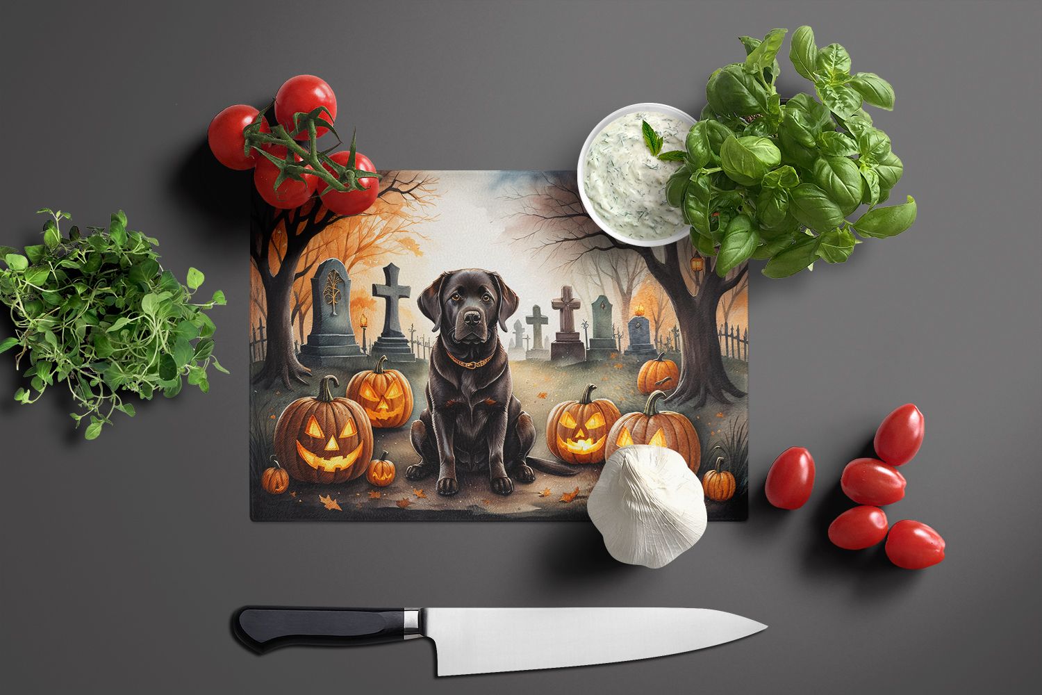 NEW Chocolate Labrador Retriever Spooky Halloween Glass Cutting Board Decorative Tempered Glass Kitchen Cutting and Serving Board Large Size Chopping Board