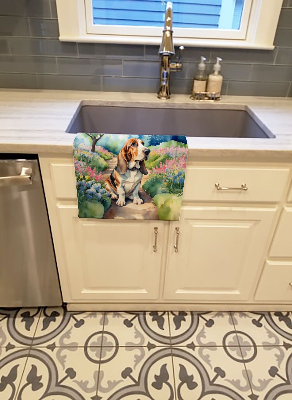 Basset Hound Spring Garden Kitchen Towel Dish Cloths Guest Hand Towel Decorative Bathroom Towel for Face,Tea, Dishcloth, Kitchen and Bath