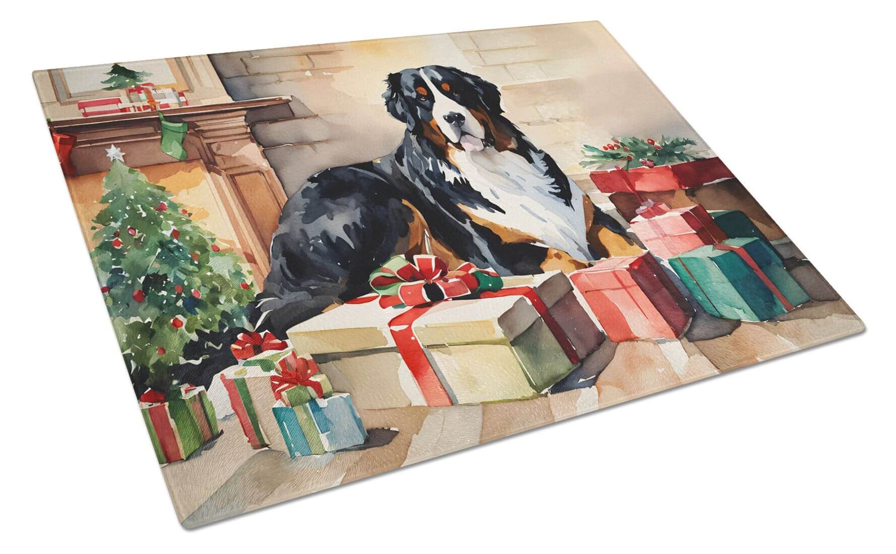 Bernese Mountain Dog Cozy Christmas Glass Cutting Board Decorative Tempered Glass Kitchen Cutting and Serving Board Large Size Chopping Board