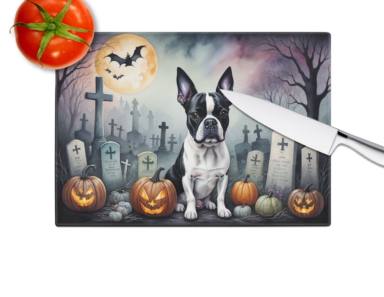 NEW Boston Terrier Spooky Halloween Glass Cutting Board Decorative Tempered Glass Kitchen Cutting and Serving Board Large Size Chopping Board