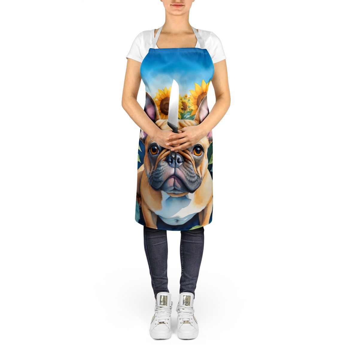 French Bulldog in Sunflowers Apron Cooking Kitchen Server Baking Crafts Gardening for Adult Women Men, Unisex, Large, Multicolor