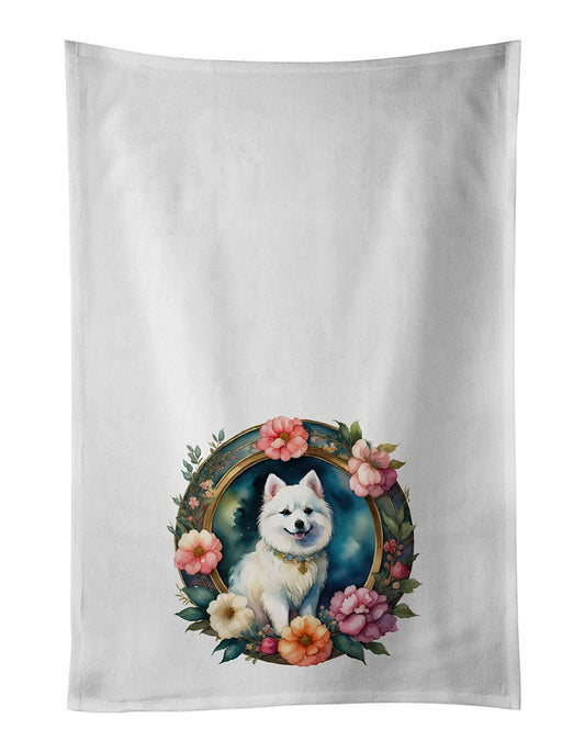Japanese Spitz and Flowers Kitchen Towel Set of 2 White Dish Towels Decorative Bathroom Hand towel for Hand, Face, Hair, Yoga, Tea, Dishcloth, 19 X 28", White