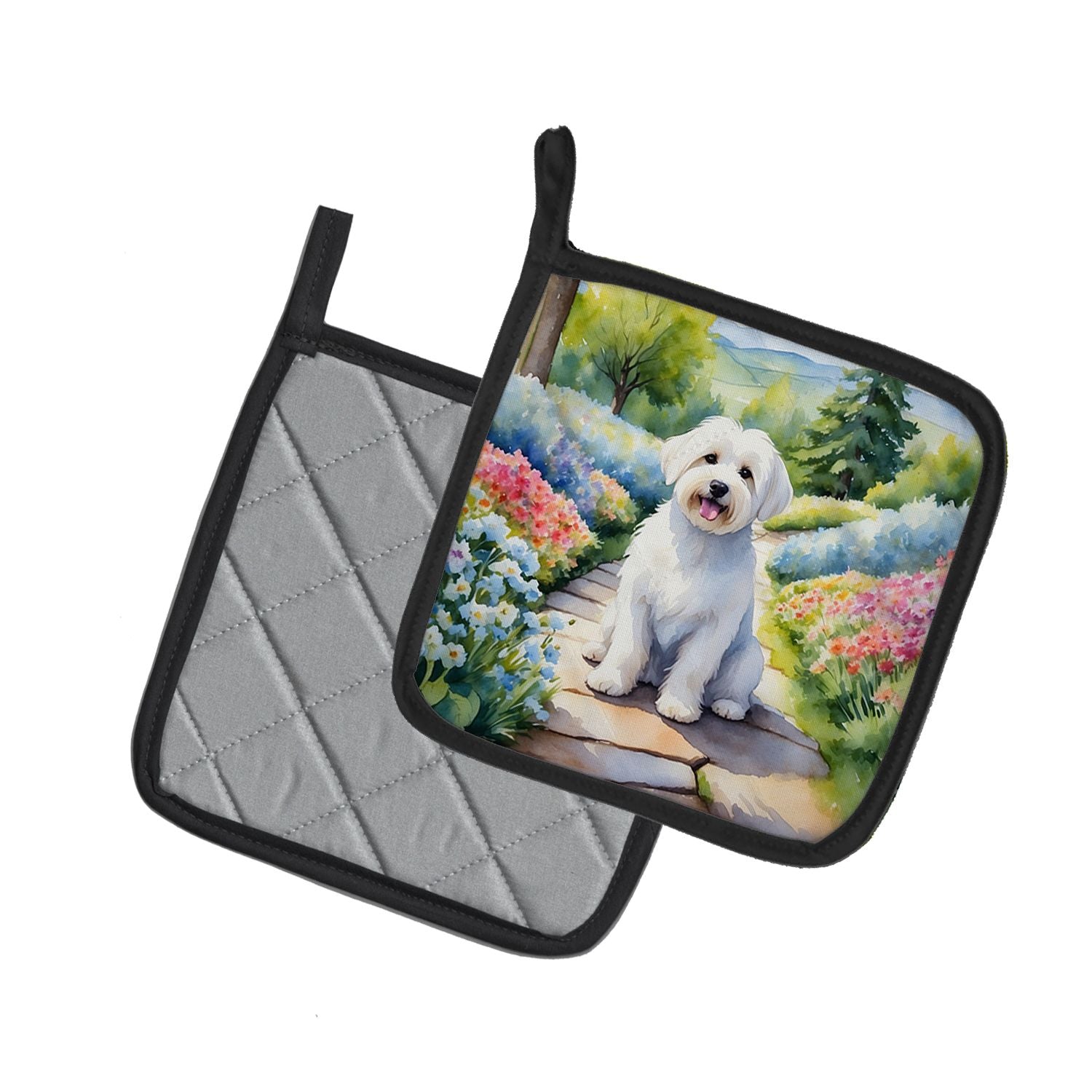 Coton de Tulear Spring Path Pair of Pot Holders Kitchen Heat Resistant Pot Holders Sets Oven Hot Pads for Cooking Baking BBQ, 7 1/2 x 7 1/2