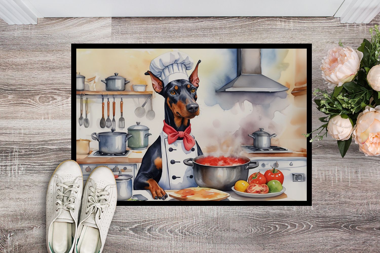 NEW Doberman Pinscher The Chef Doormat Front Door Mat Indoor Outdoor Rugs for Entryway, Non Slip Washable Low Pile, 18H X 27W
