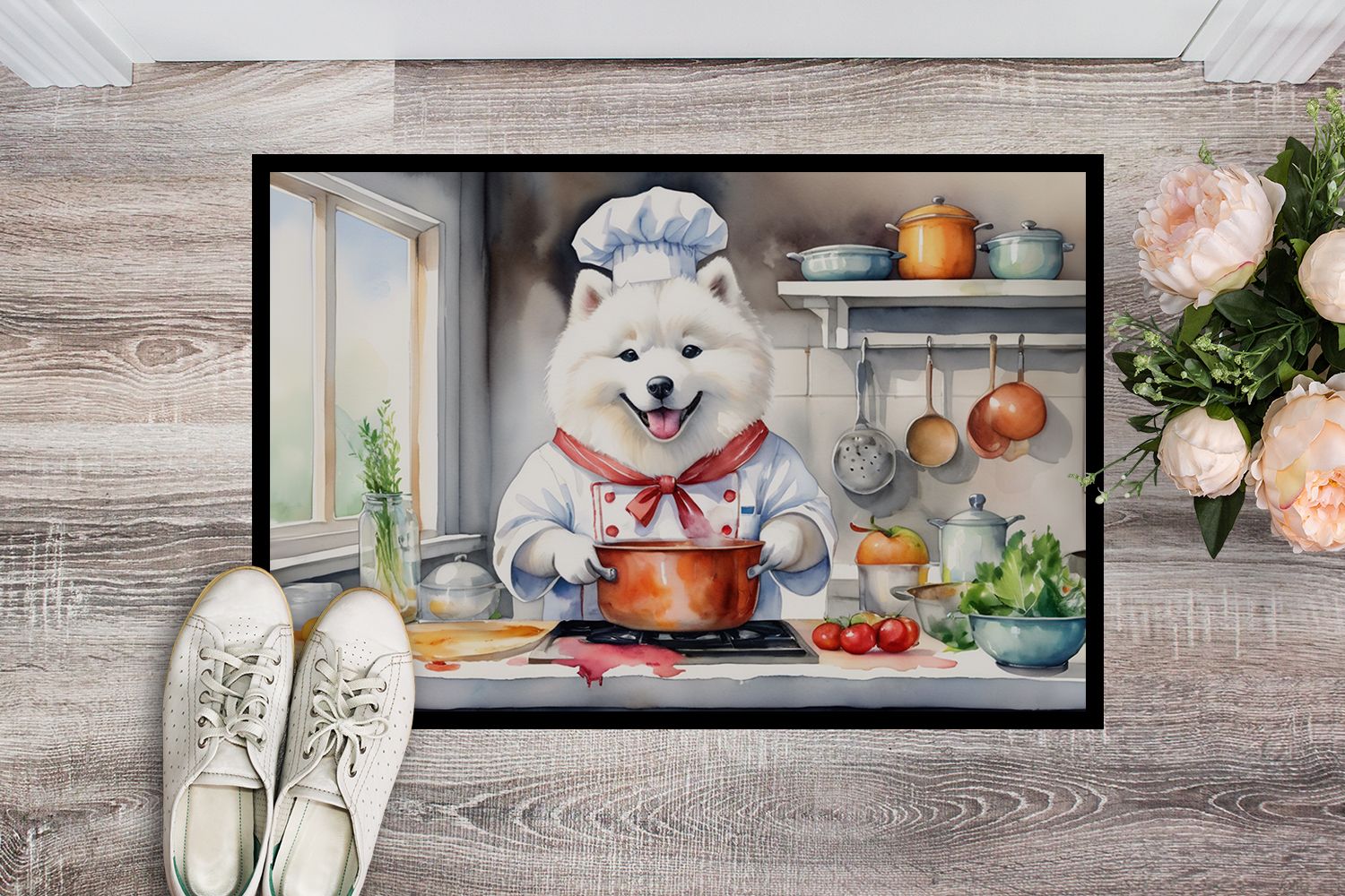 NEW Samoyed The Chef Doormat Front Door Mat Indoor Outdoor Rugs for Entryway, Non Slip Washable Low Pile, 18H X 27W