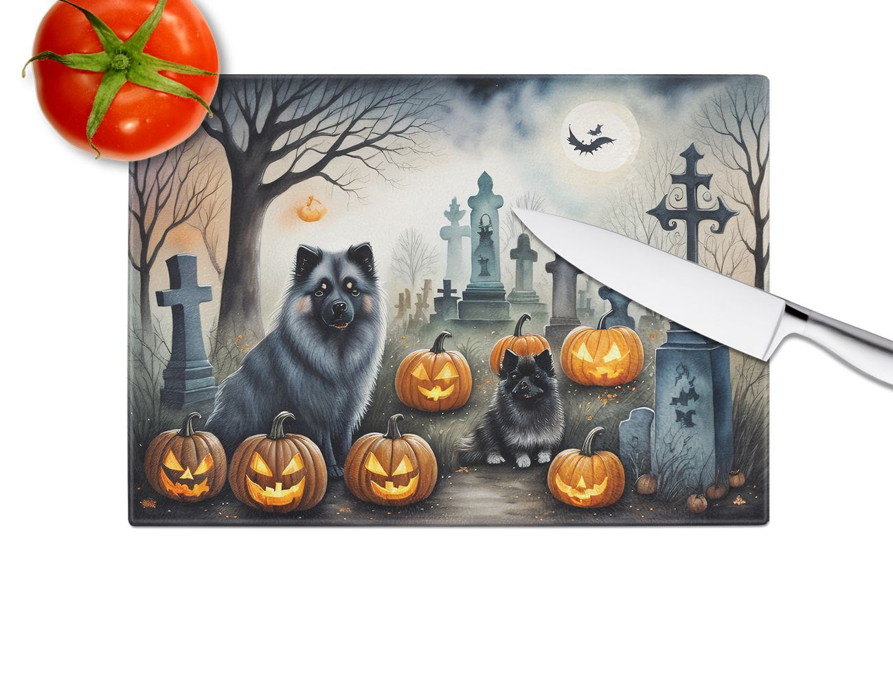 NEW Keeshond Spooky Halloween Glass Cutting Board Decorative Tempered Glass Kitchen Cutting and Serving Board Large Size Chopping Board