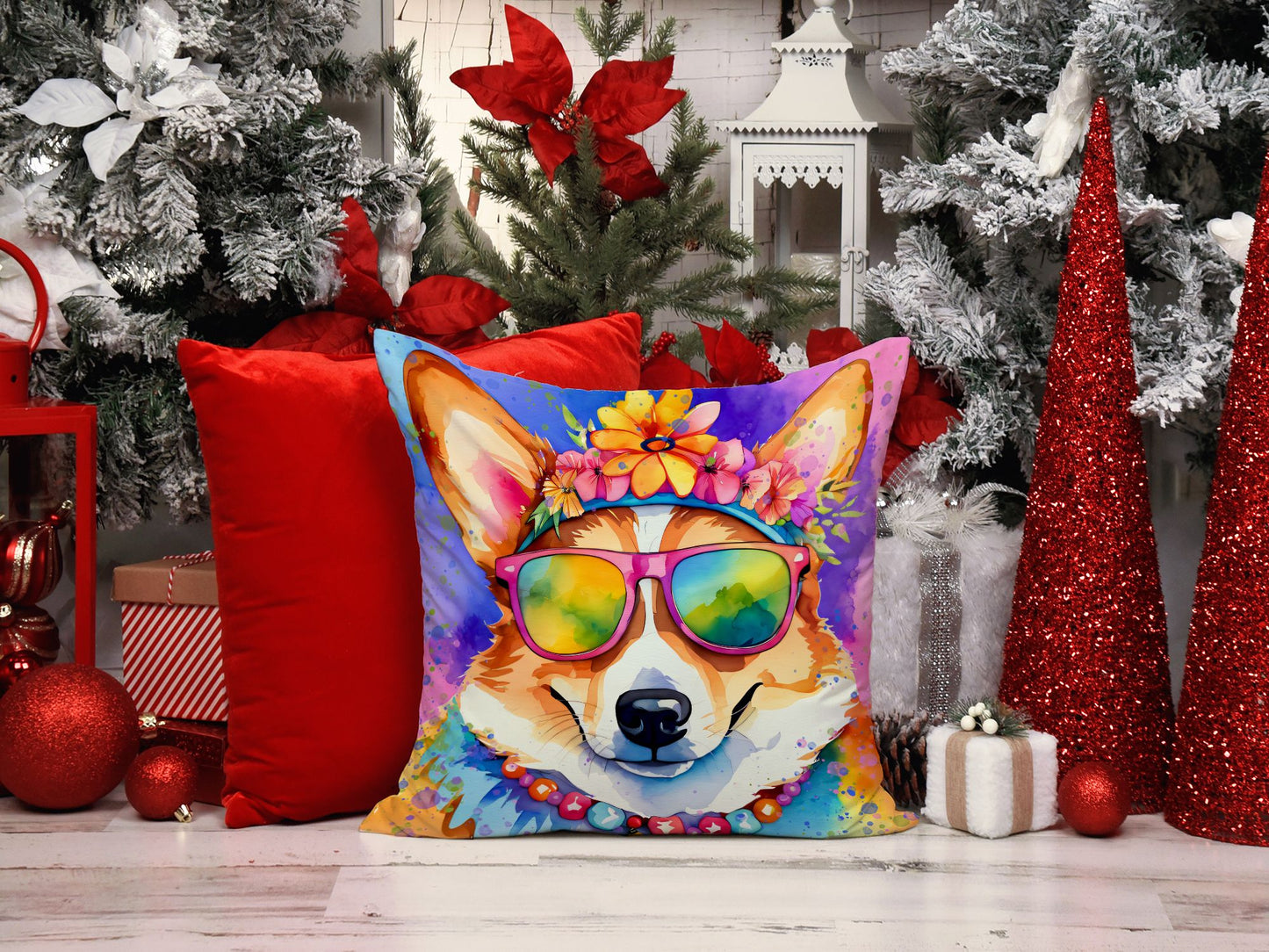 Corgi Hippie Dawg Throw Pillow Machine Washable, Indoor Outdoor Decorative Pillow for Couch, Bed or Patio, 14Hx14W