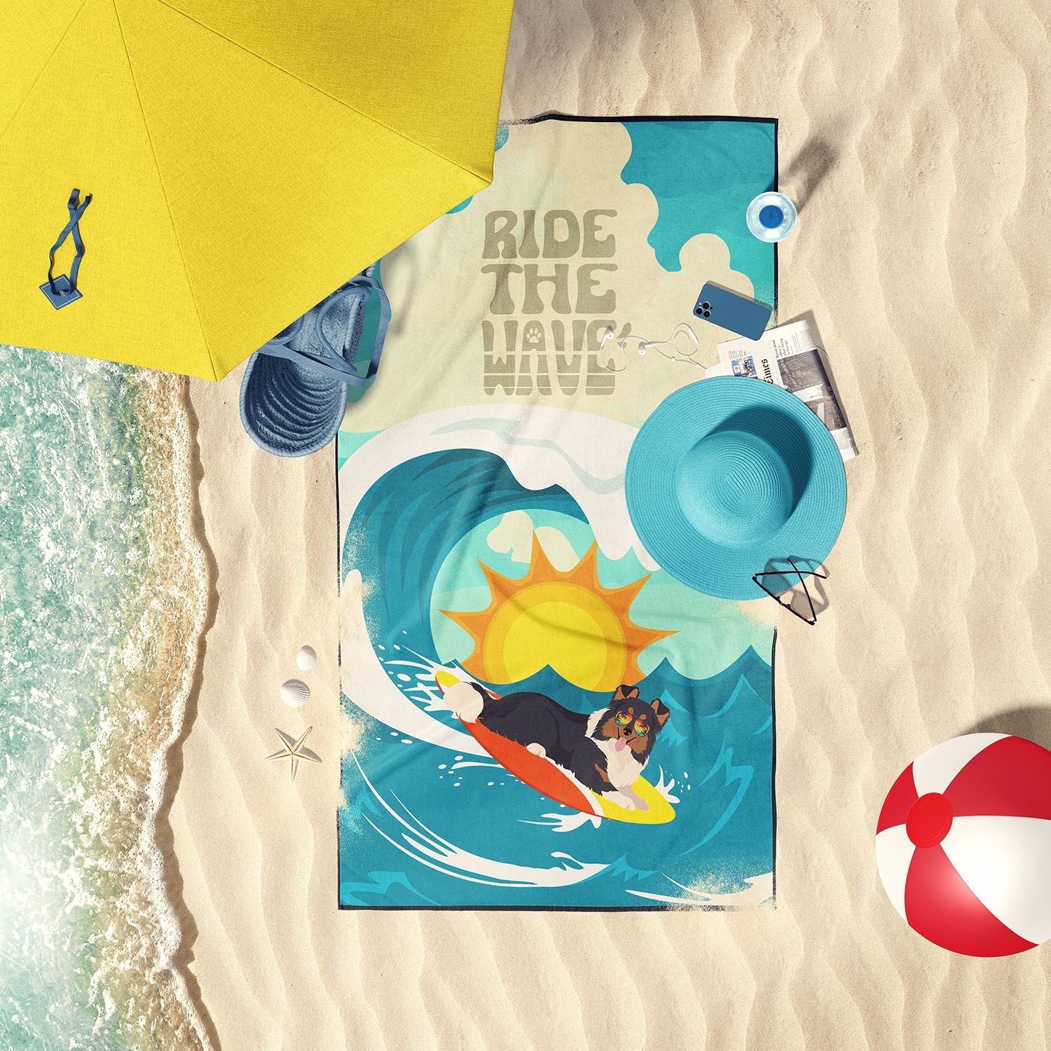 Surfer Dog Tricolor Sheltie Premium Beach Towel Oversized Towel Beach Blanket, Pool, Beach Essentials, Yoga, Premium Bath Towel, Quick Dry Plush