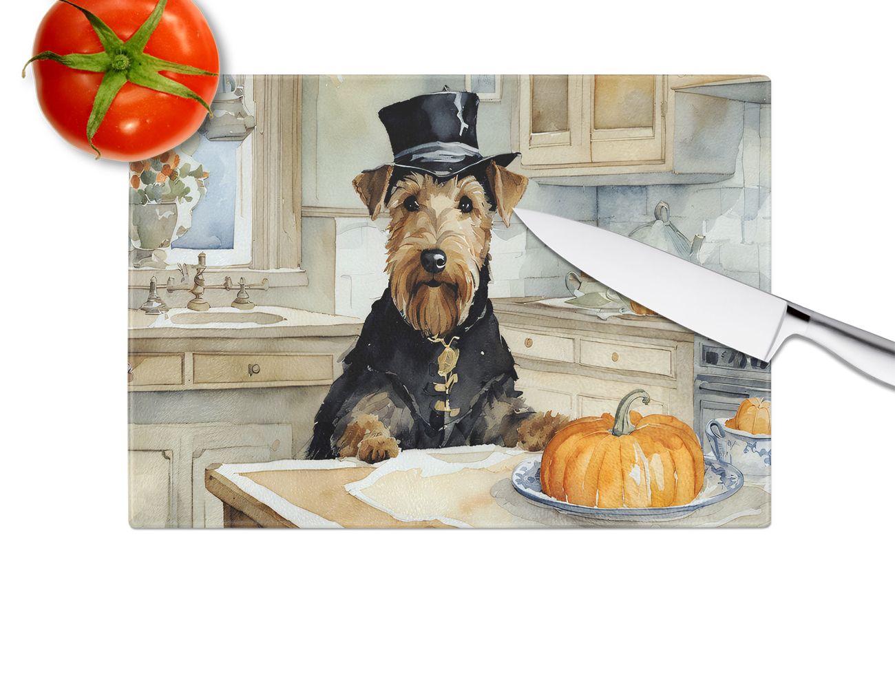 NEW Airedale Terrier Fall Kitchen Pumpkins Glass Cutting Board Decorative Tempered Glass Kitchen Cutting and Serving Board Large Size Chopping Board