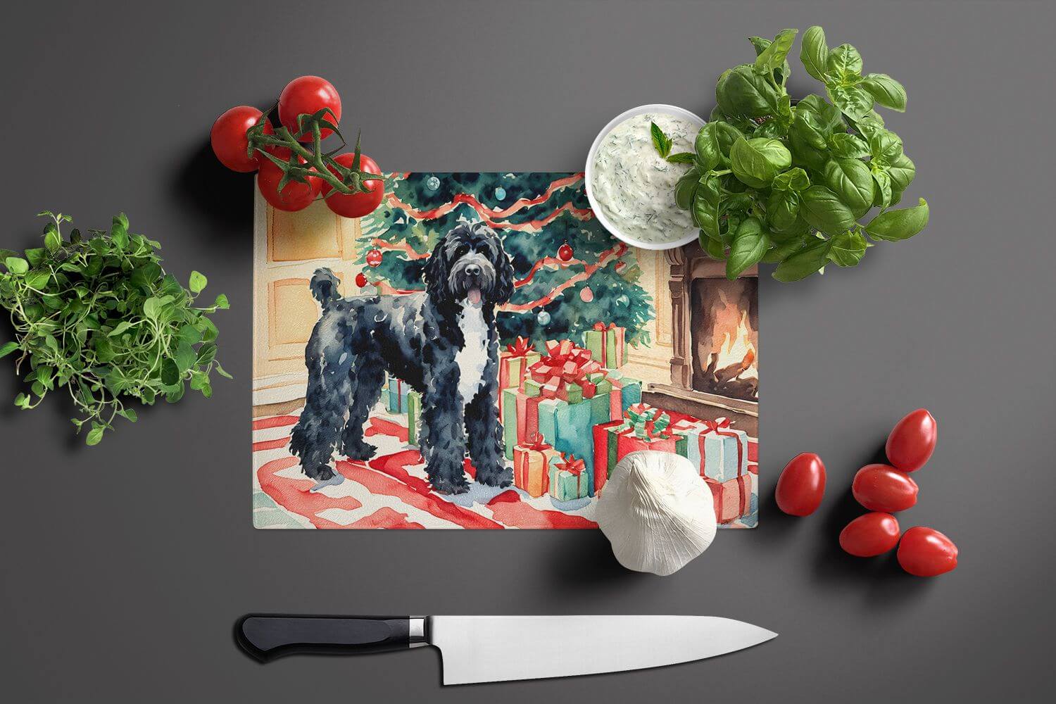 NEW Portuguese Water Dog Cozy Christmas Glass Cutting Board Decorative Tempered Glass Kitchen Cutting and Serving Board Large Size Chopping Board