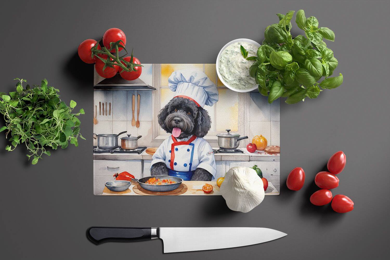 Portuguese Water Dog The Chef Glass Cutting Board Decorative Tempered Glass Kitchen Cutting and Serving Board Large Size Chopping Board