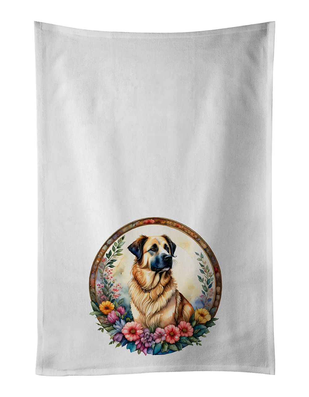 Anatolian Shepherd Dog and Flowers Kitchen Towel Set of 2 White Dish Towels Decorative Bathroom Hand towel for Hand, Face, Hair, Yoga, Tea, Dishcloth, 19 X 28", White