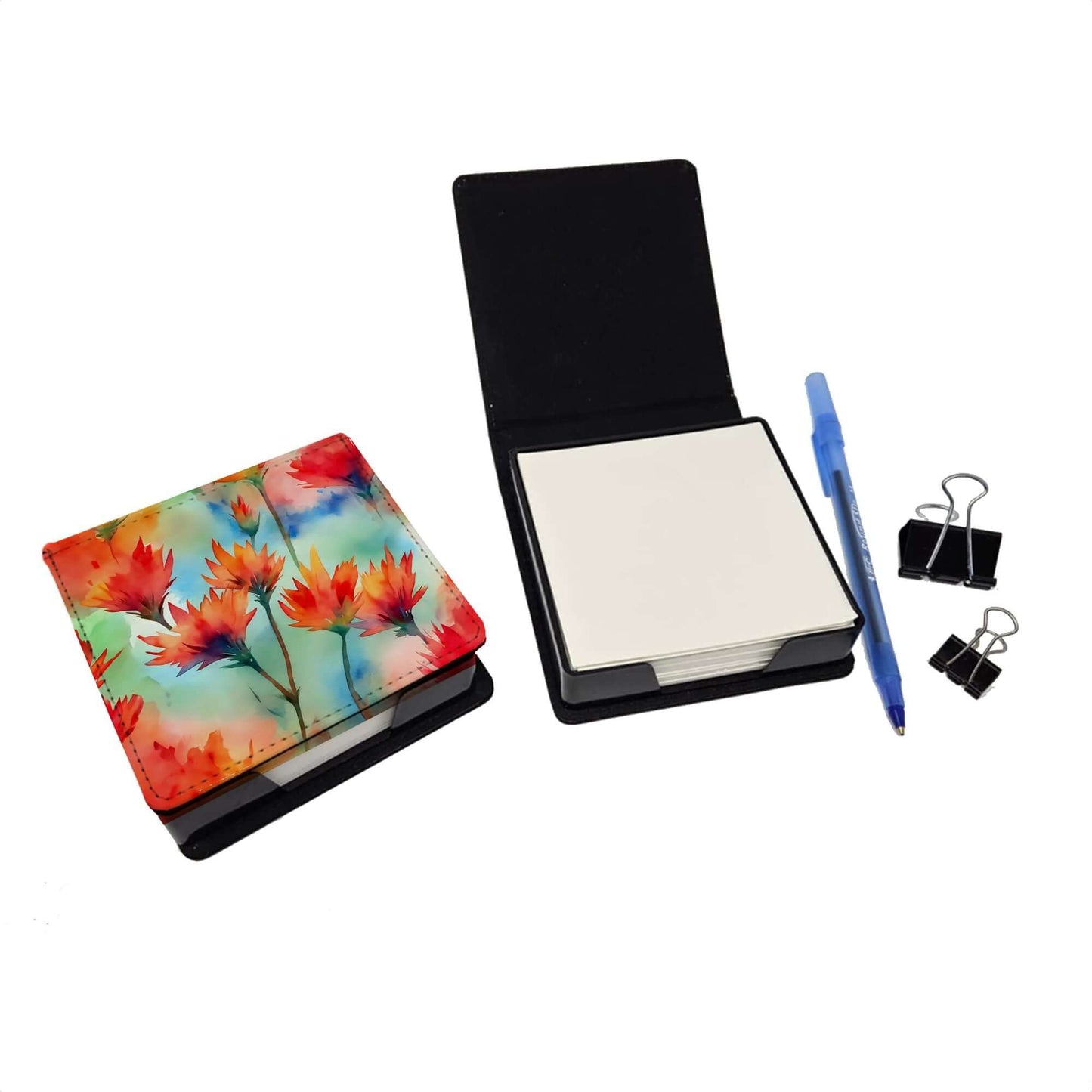 Wyoming Indian Paintbrush in Watercolor PU Leather Note Paper Holder with Artist-Designed Cover, Desk Accessory, Office Gift