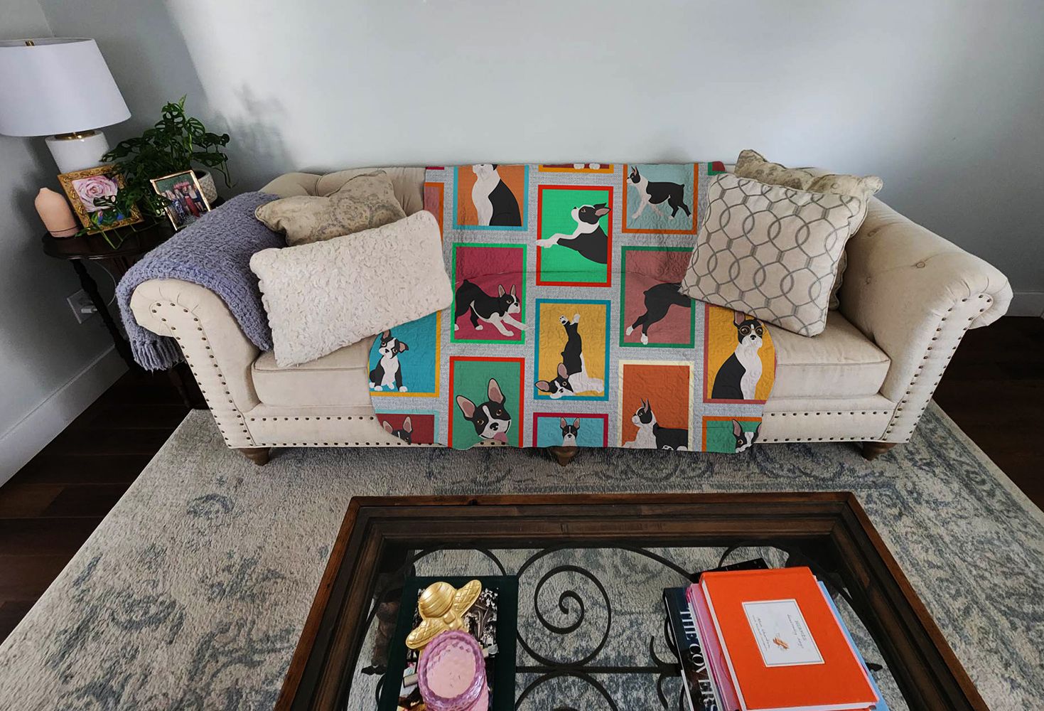 Lots of Boston Terrier Quilted Blanket 50x60 Artwork Pattern Quilted Throw Blanket for Bed, Couch, Sofa, Soft and Lightweight