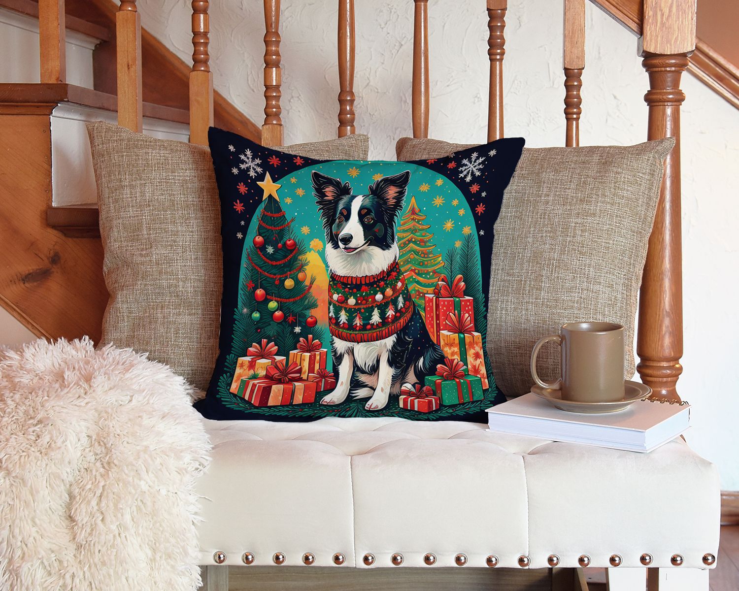 Border Collie Christmas Throw Pillow Machine Washable, Indoor Outdoor Decorative Pillow for Couch, Bed or Patio, 14Hx14W
